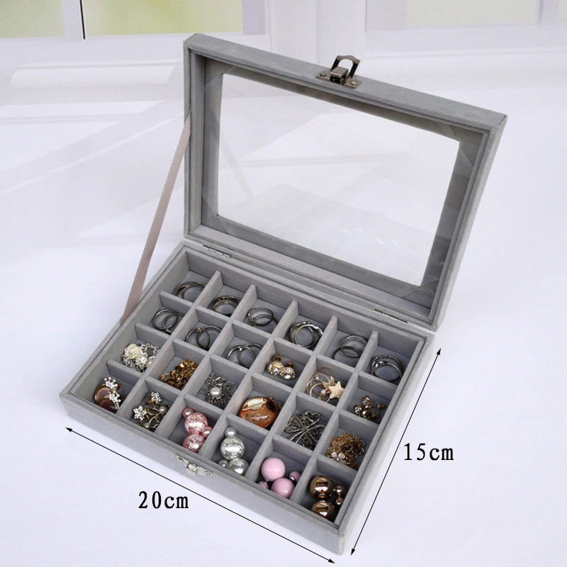 Velvet Glass Ring Earring Jewelry Display Organizer Box Tray Holder Storage Case