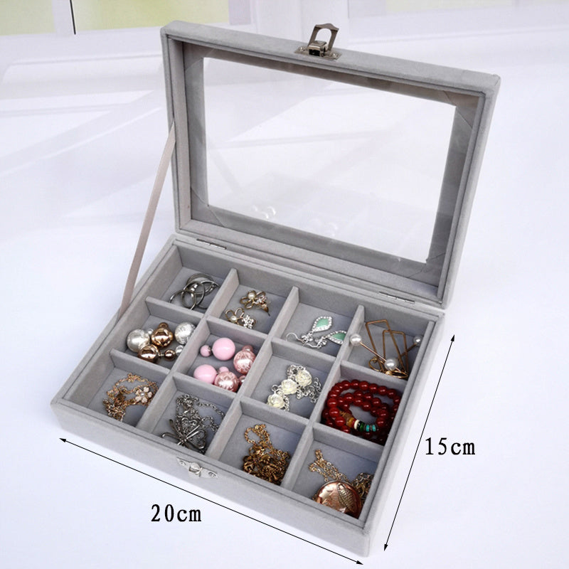Velvet Glass Ring Earring Jewelry Display Organizer Box Tray Holder Storage Case