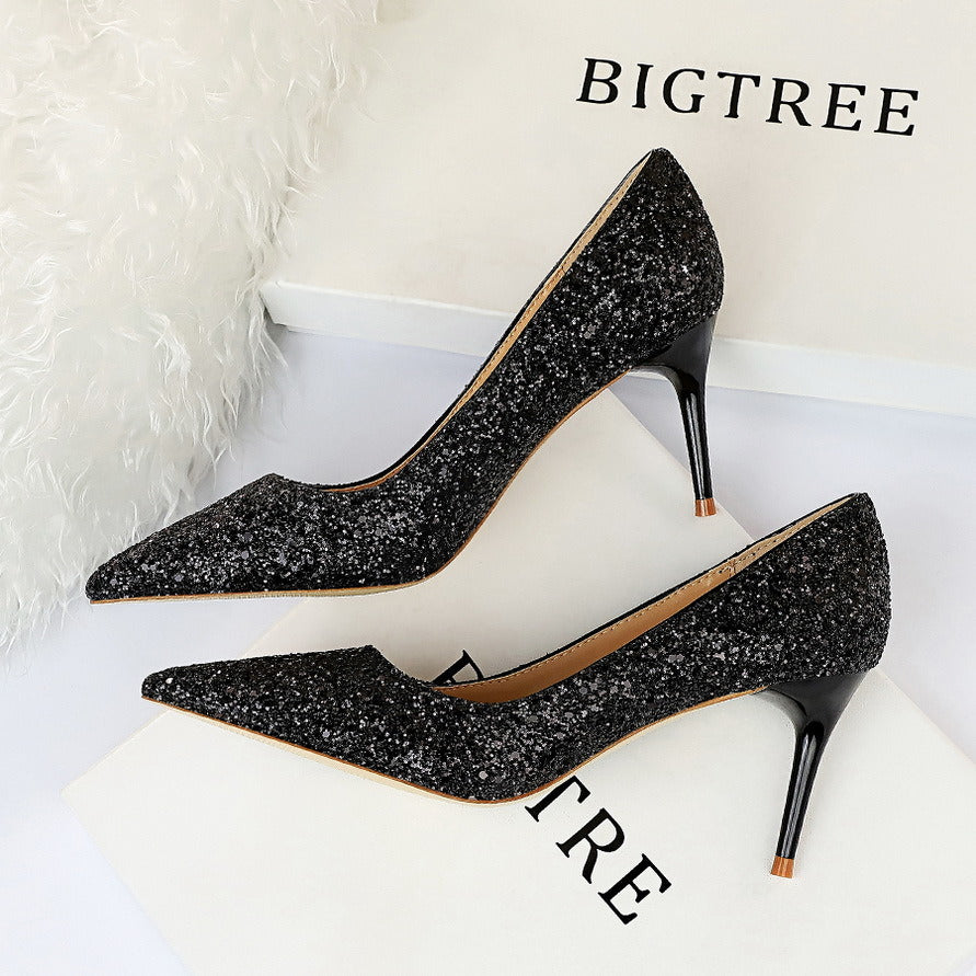 Women's Pumps; Sexy women's high-heeled shoes; women's shoes; thin heel high-heeled fashion shining sequins single shoes