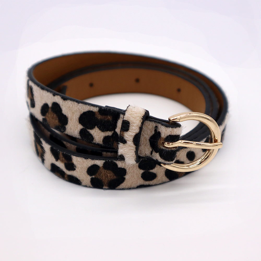 Schinotch Women Belts New Leopard Horse Hair PU Leather Simple Metal Buckle Belt Girls Dress Jean Pants Waistband Belts for Lady