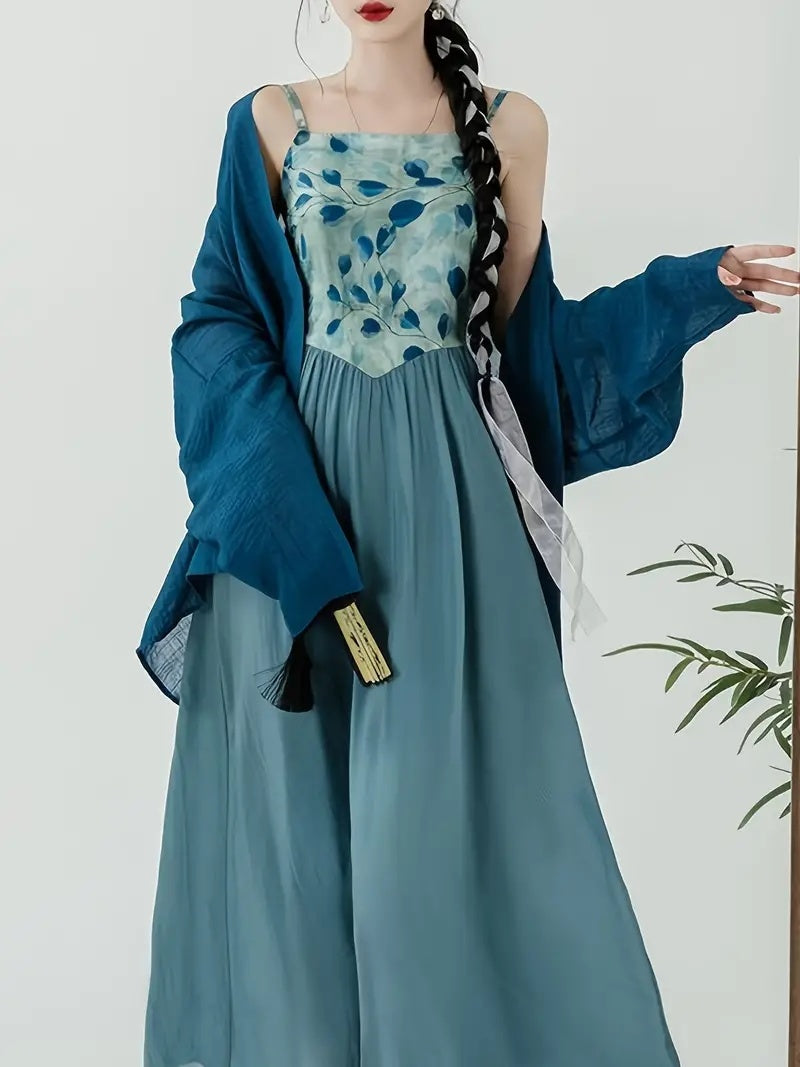 Blue Suspender Dress Modified Hanfu Dress;  Women's Dress