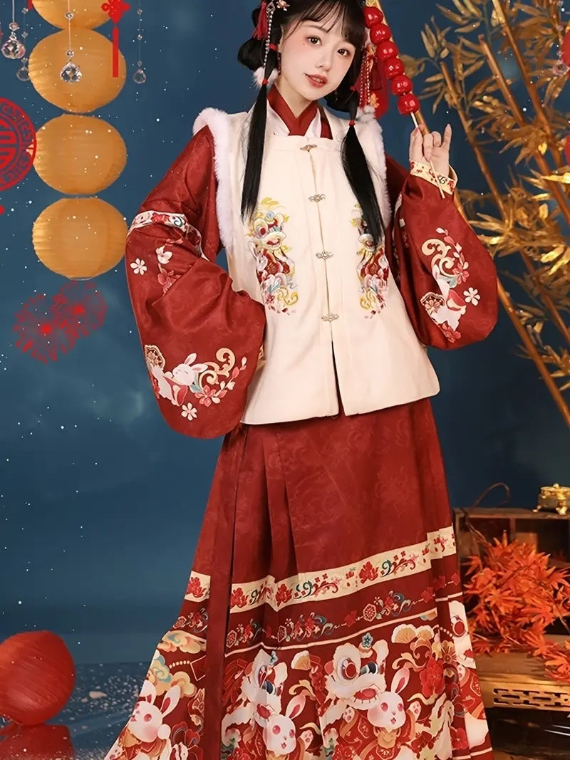 Chinese New Year Cosplay Hanfu;  Cute Cartoon Bunny Print Embroidered Bijia;  Ancient Chinese Traditional Costume;  The Ming Dynasty Women's Clothing