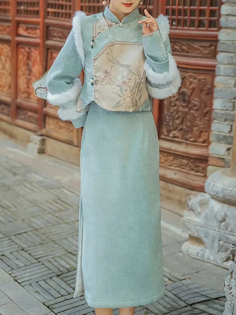 Light Blue Traditional Cheongsam;  Retro Thickened Dress;  Fall & Winter;  Women's Clothing