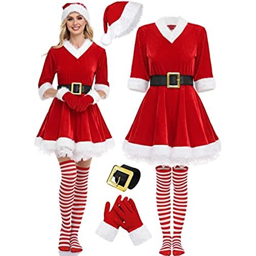 SOMSOC 5 Pack Women Christmas Costume Set Velvet Dress with Belt Striped Over Knee High Socks Santa Hat Gloves for Cosplay