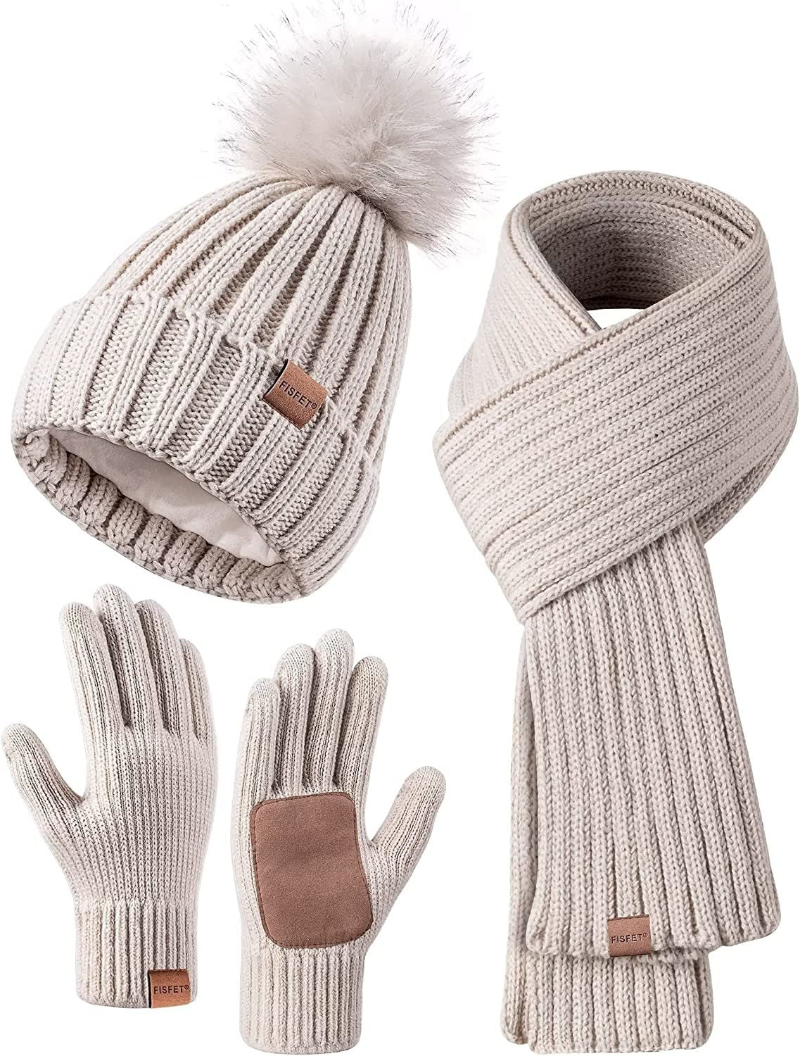 Winter Beanie Hat Scarf Gloves Set for Women;  Womens Beanie with Pom Pom Long Scarf Neck Warmer Touchscreen Gloves 3 in 1 Set