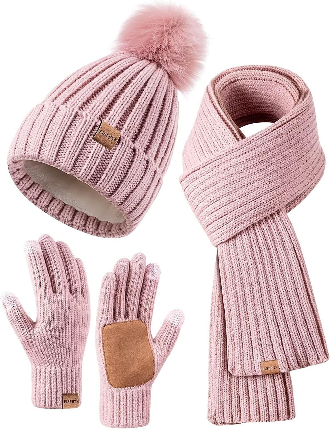 Winter Beanie Hat Scarf Gloves Set for Women;  Womens Beanie with Pom Pom Long Scarf Neck Warmer Touchscreen Gloves 3 in 1 Set