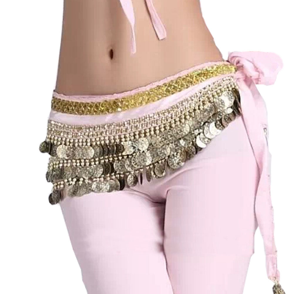 Pink Belly Dance Scarf With Gold Coins Belt Velvet Skirt