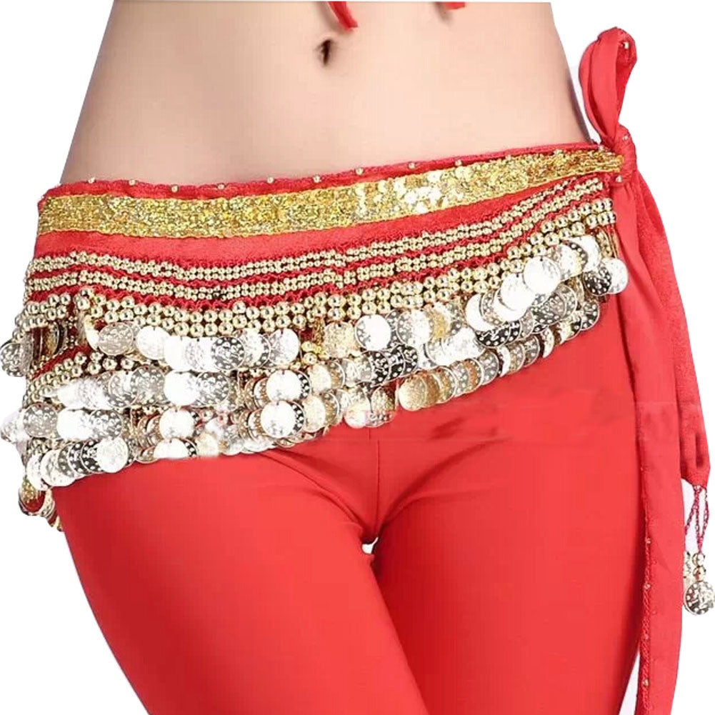 Red Belly Dance Scarf With Gold Coins Belt Velvet Skirt