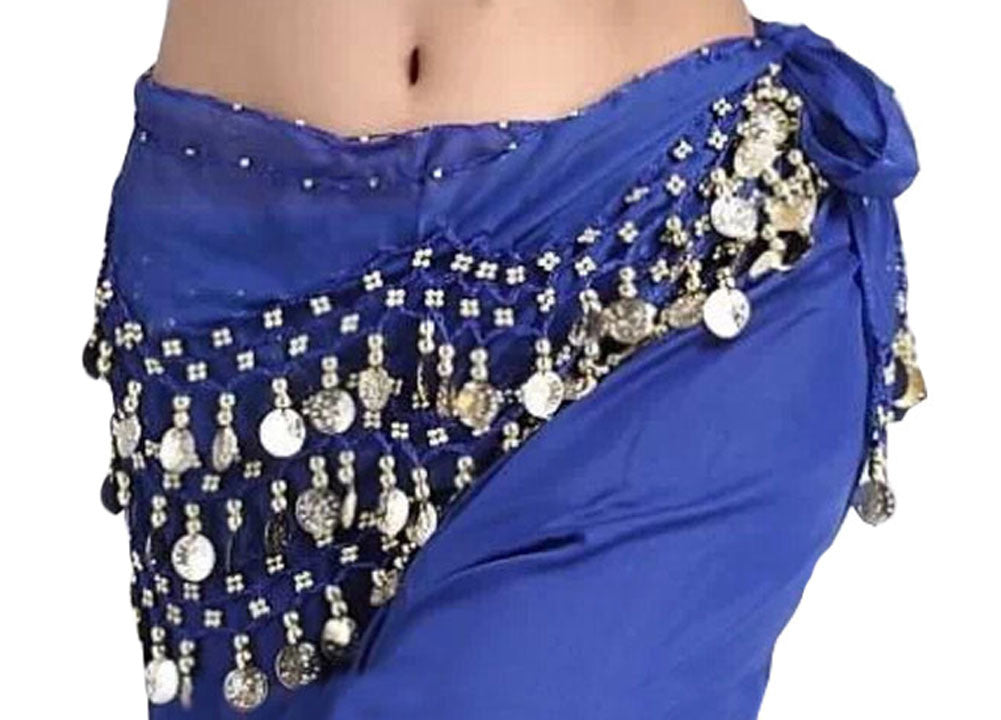 Chiffon Deep Blue Belly Dance Scarf With Dangling Gold Coins Belt Skirt