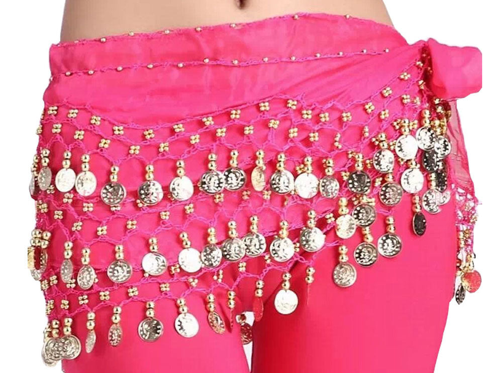 Chiffon Rose Pink Belly Dance Scarf With Dangling Gold Coins Belt Skirt