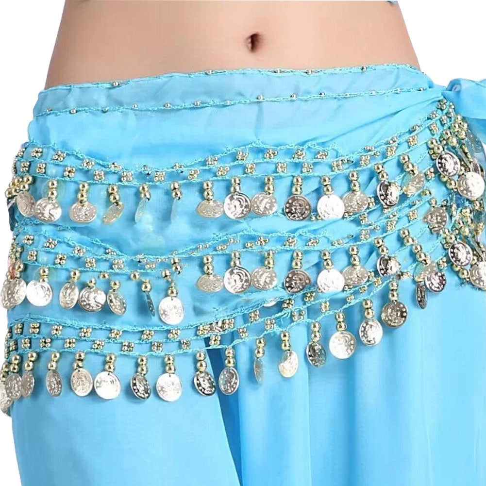 Chiffon Light Blue Belly Dance Scarf With Dangling Gold Coins Belt Skirt