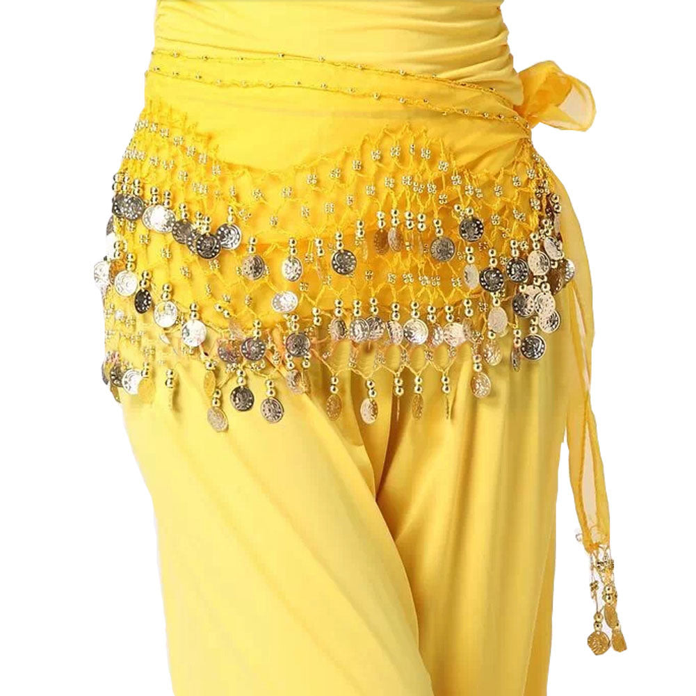 Chiffon Yellow Belly Dance Scarf With Dangling Gold Coin Belt Skirt 158 Coins