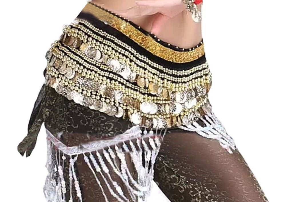 Black Belly Dance Scarf With Gold Coins Belt Velvet Skirt