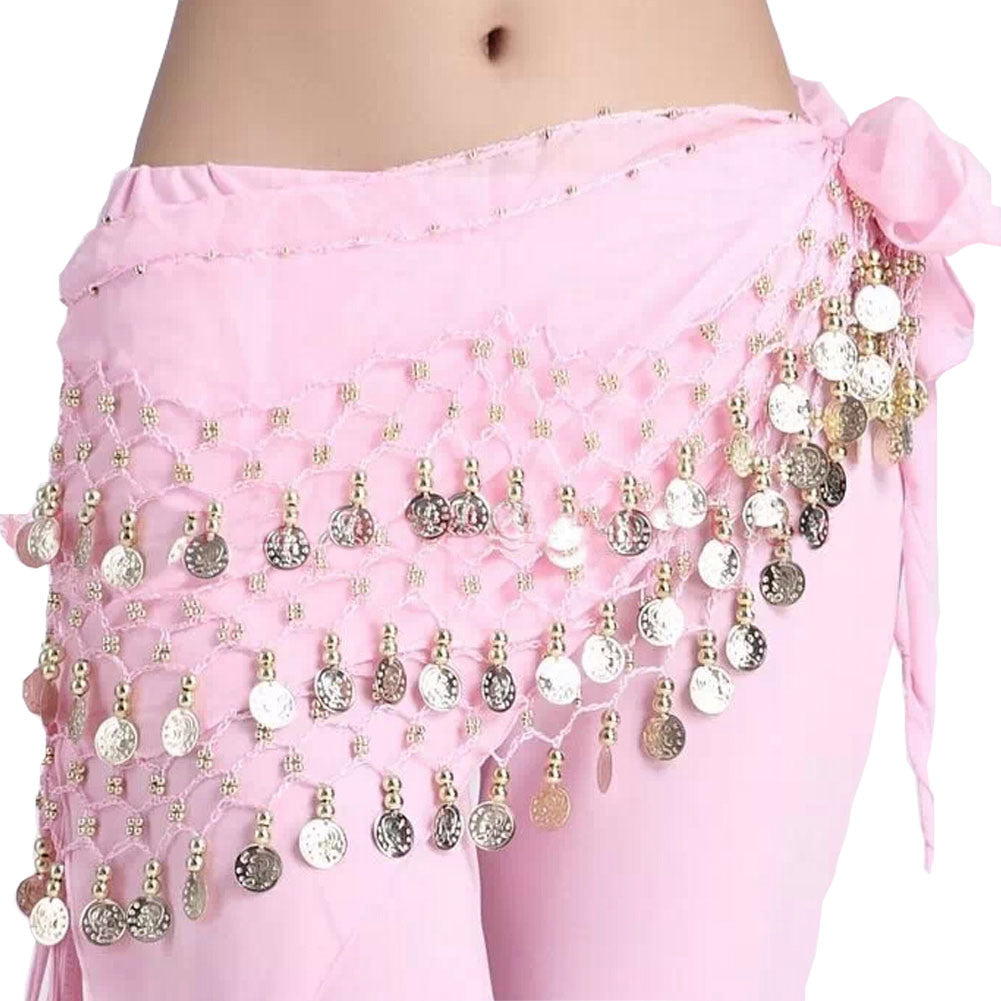 Chiffon Pink Belly Dance Scarf With Dangling Gold Coins Belt Skirt