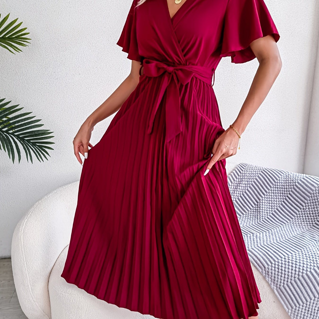 High Waist Pleated Maxi Dress; Elegant Tie Up Ruffled Sleeve Loose Dress; Women's Clothing