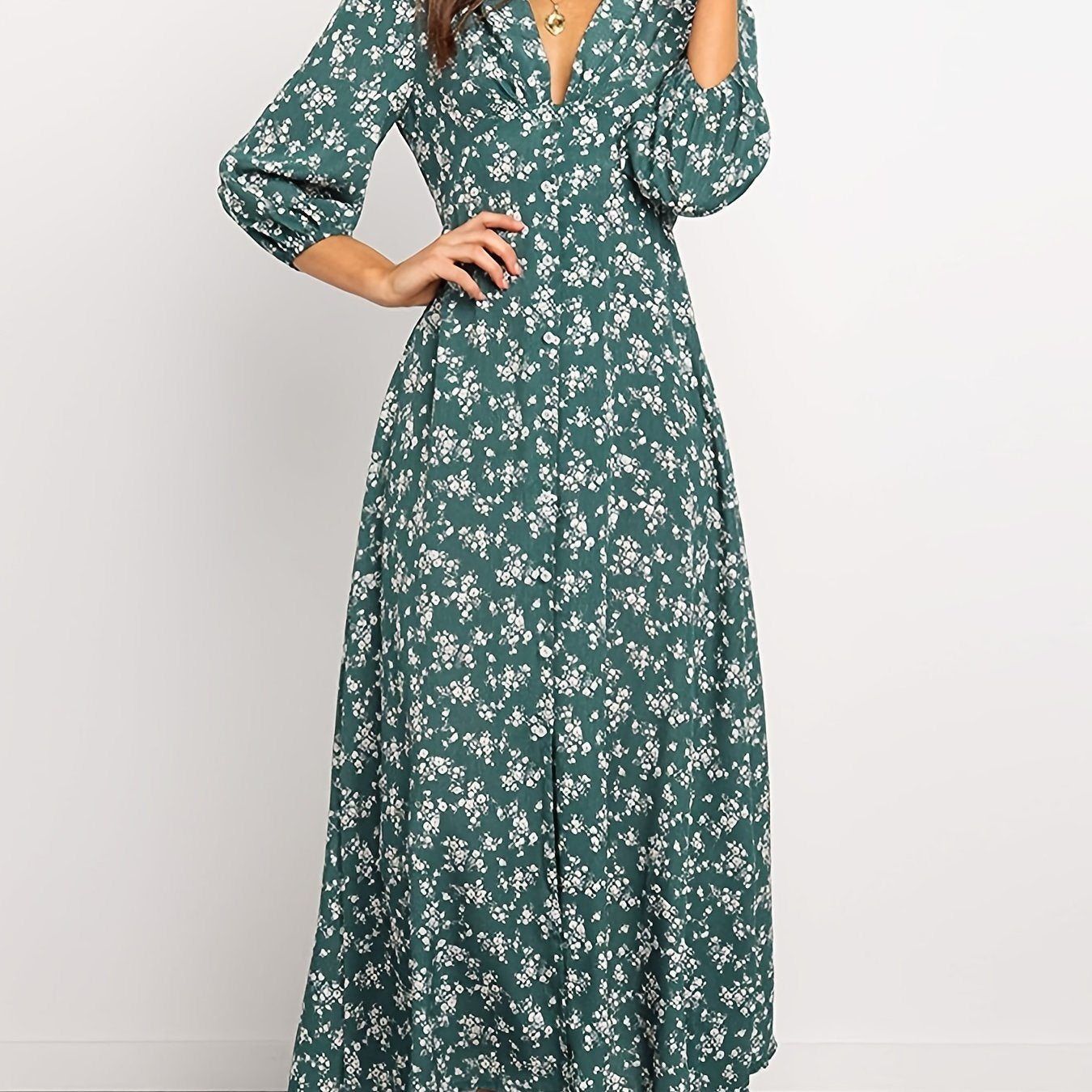 Vintage Ditsy Floral Lantern Long Sleeve Dress; Button High Waist Dresses; Women's Clothing