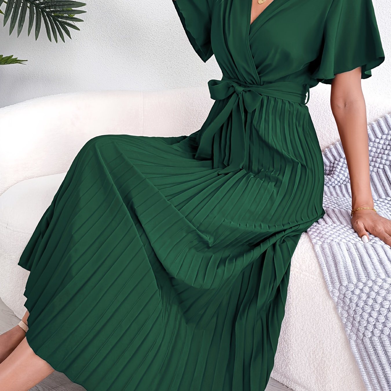 High Waist Pleated Maxi Dress; Elegant Tie Up Ruffled Sleeve Loose Dress; Women's Clothing