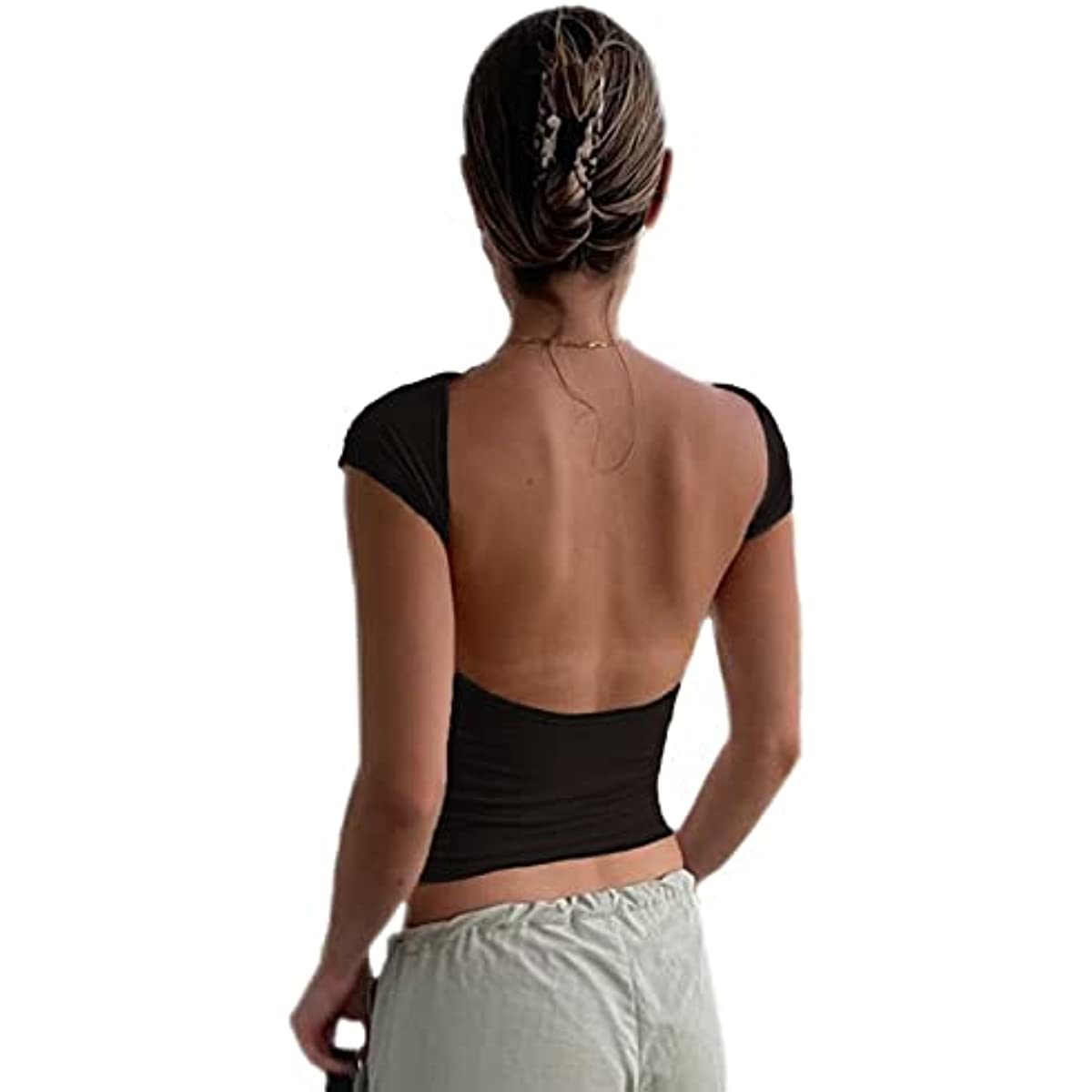 Women's Backless T-Shirts Y2K Crop Top Solid Casual Long Sleeve Sexy Vintage Cut Out 2023 Summer Fashion