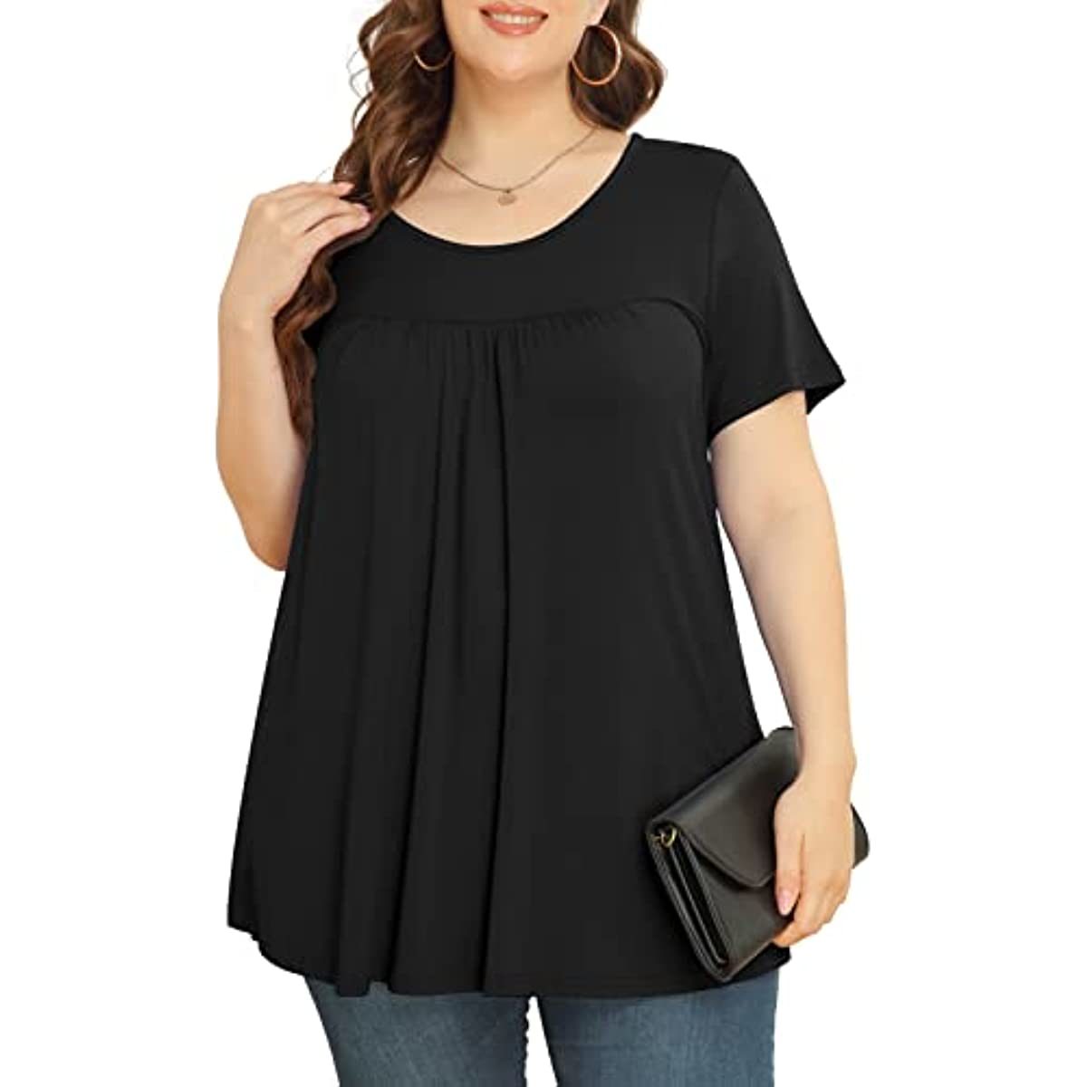 Women's Plus Size Short & Long Sleeve Tunic Tops Scoop Neck Loose T Shirt Blouse for Leggings