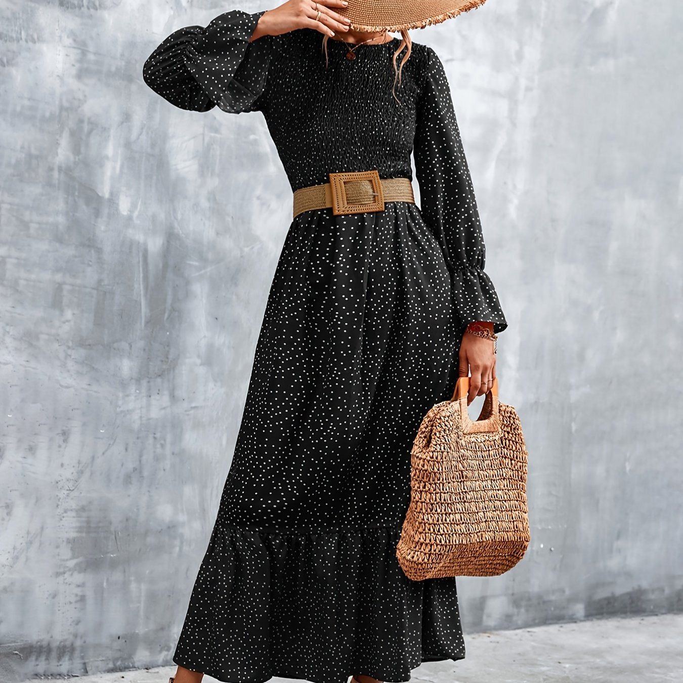 Long Sleeve Full Print Maxi Dress; Crew Neck Shirred Ruffle Sleeve Dress; Casual Dresses For Fall & Winter; Women's Dresses