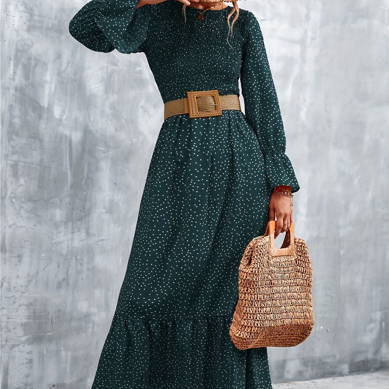 Long Sleeve Full Print Maxi Dress; Crew Neck Shirred Ruffle Sleeve Dress; Casual Dresses For Fall & Winter; Women's Dresses