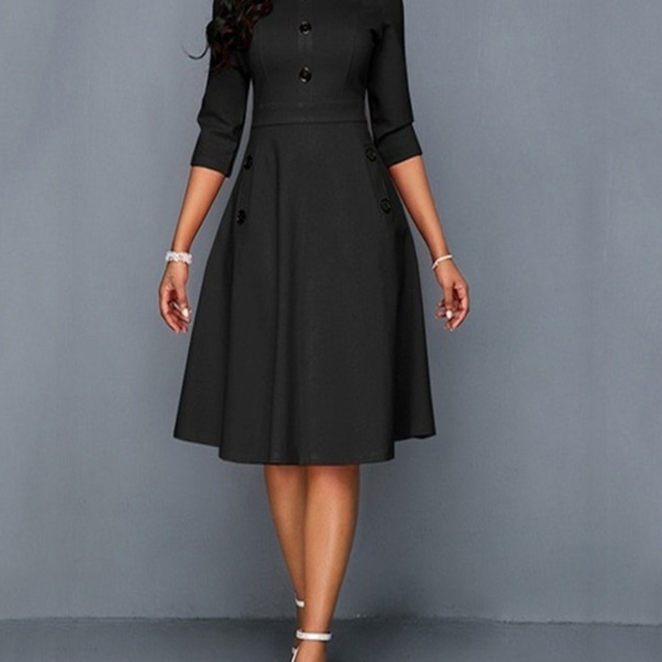 Solid Button Crew Neck Half Sleeve High Waist Dress; Elegant Ruffled Hem Slim Midi Dress; Women's Clothing