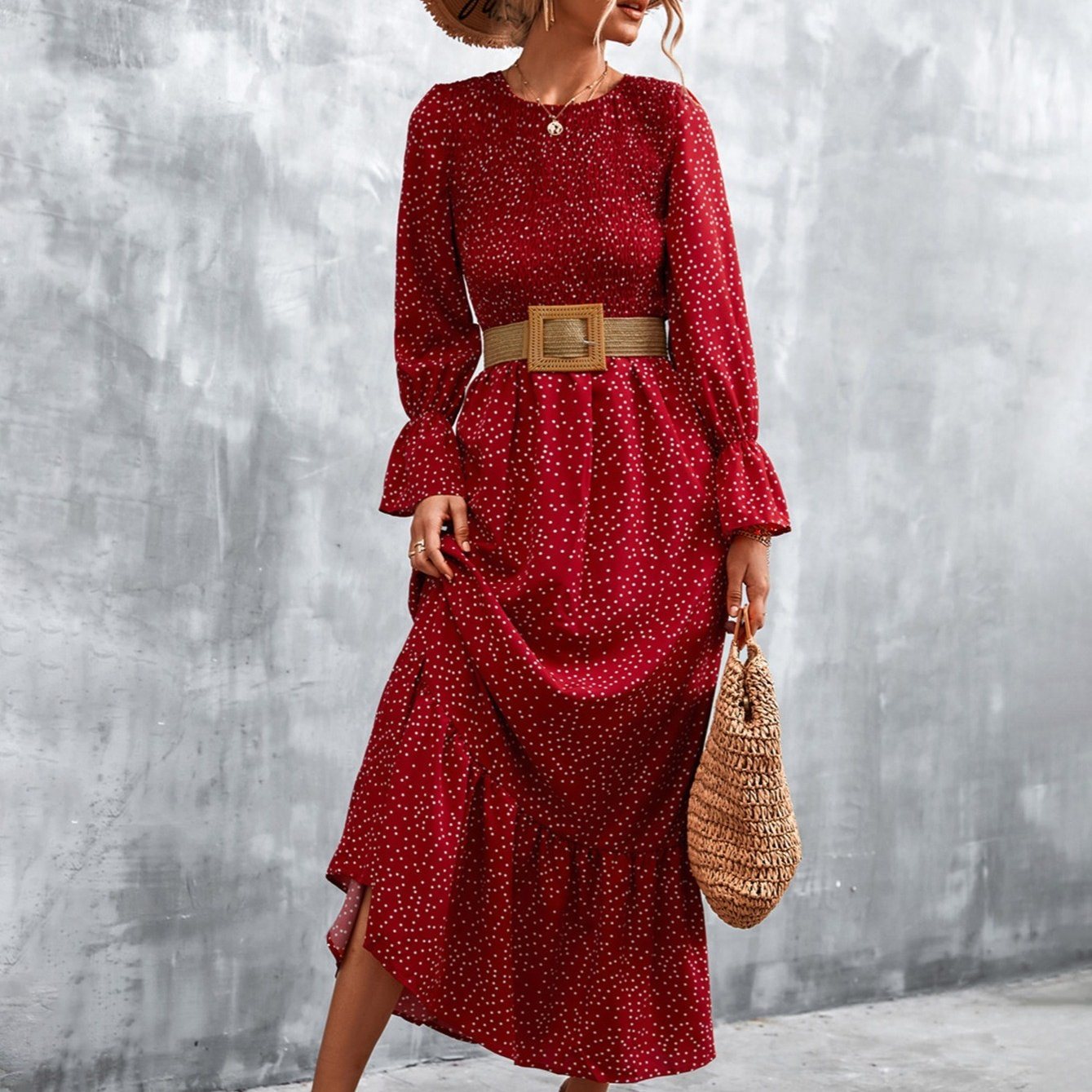 Long Sleeve Full Print Maxi Dress; Crew Neck Shirred Ruffle Sleeve Dress; Casual Dresses For Fall & Winter; Women's Dresses