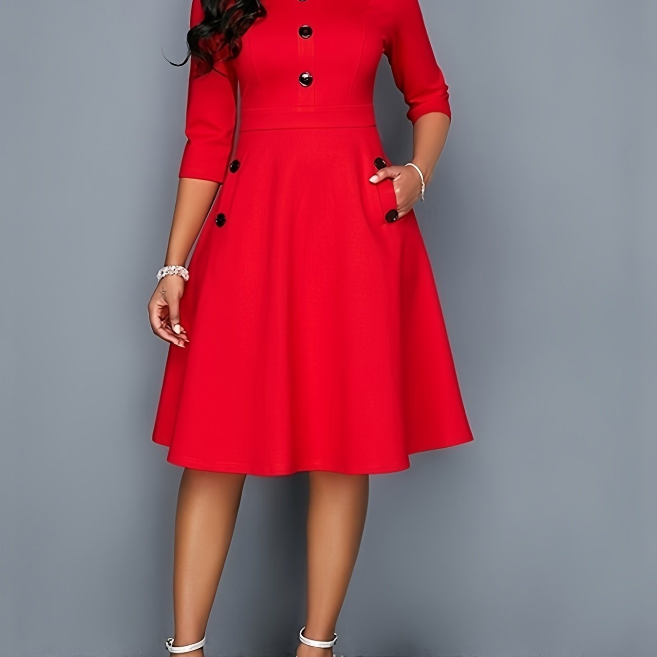 Solid Button Crew Neck Half Sleeve High Waist Dress; Elegant Ruffled Hem Slim Midi Dress; Women's Clothing