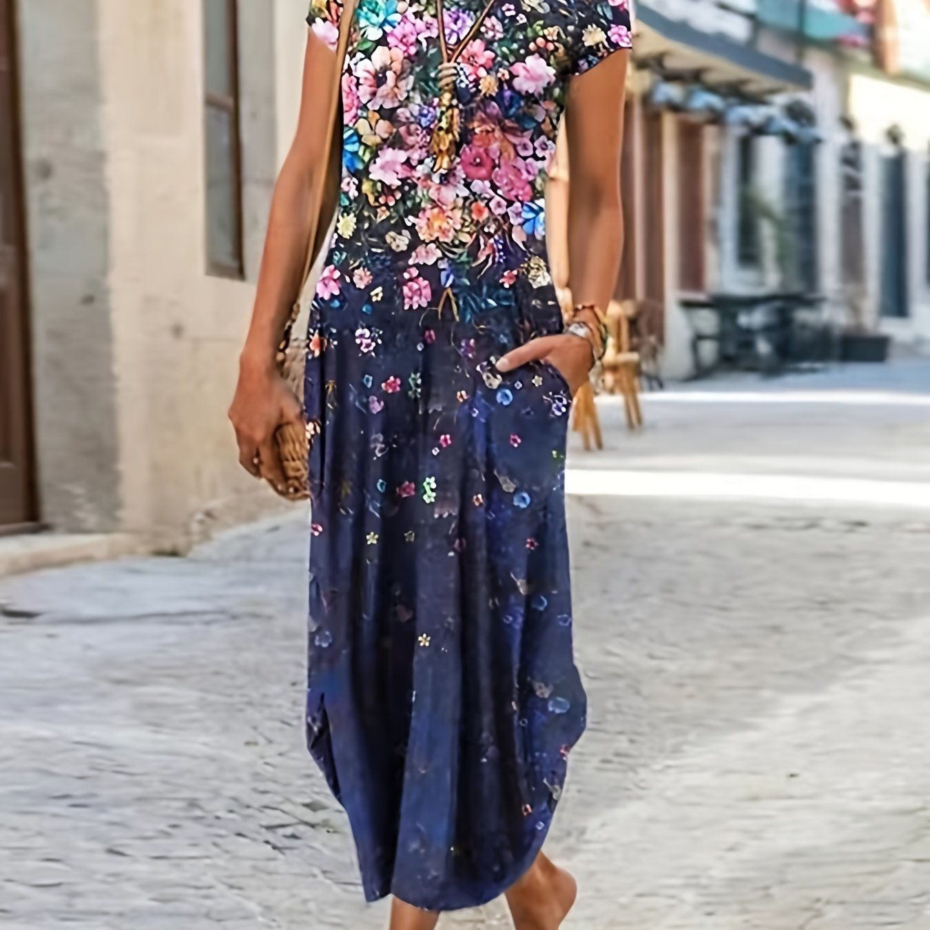 Floral Print Pocket Dress; Casual Short Sleeve Crew Neck Dress; Women's Clothing