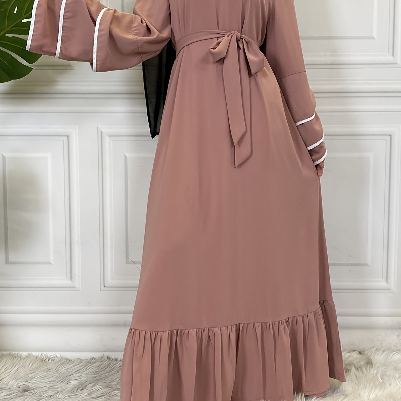 Solid Muslim Petal Sleeve Crew Neck Loose Dress; Elegant Tie Waist Ruffled Hem Dress; Women's Clothing