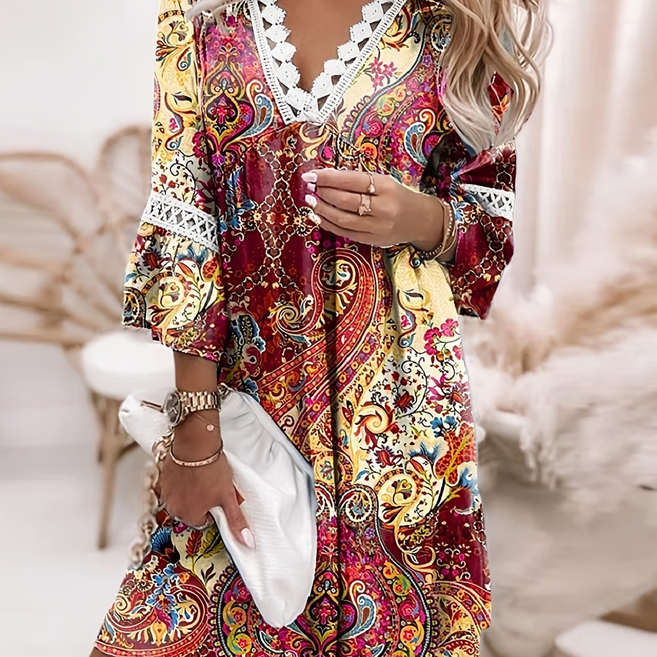 Boho Floral Print Dress; Lace Stitching V Neck Half Sleeve Dress; Women's Clothing