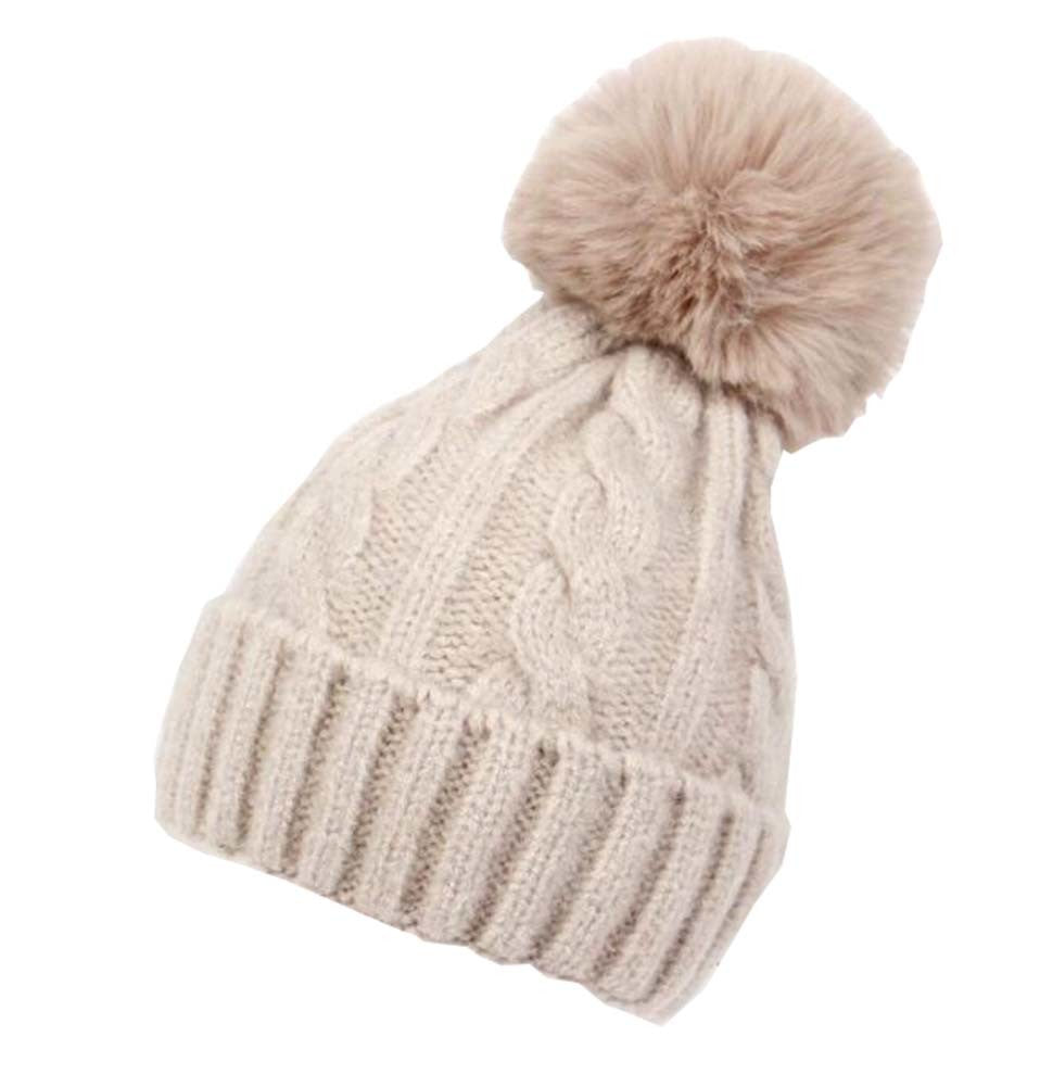 Kids Winter Ear Protect Knitting Hat Toddler Pom Pom Hat; Beige