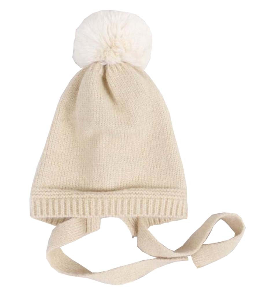 Kids Winter Lacing Hat Boys Girls Pompom Knit Hats; Beige