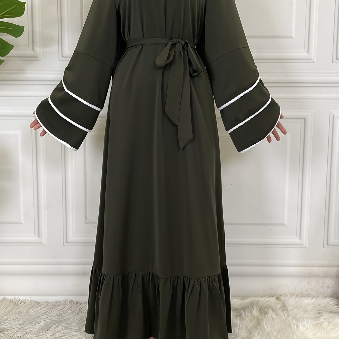 Solid Muslim Petal Sleeve Crew Neck Loose Dress; Elegant Tie Waist Ruffled Hem Dress; Women's Clothing