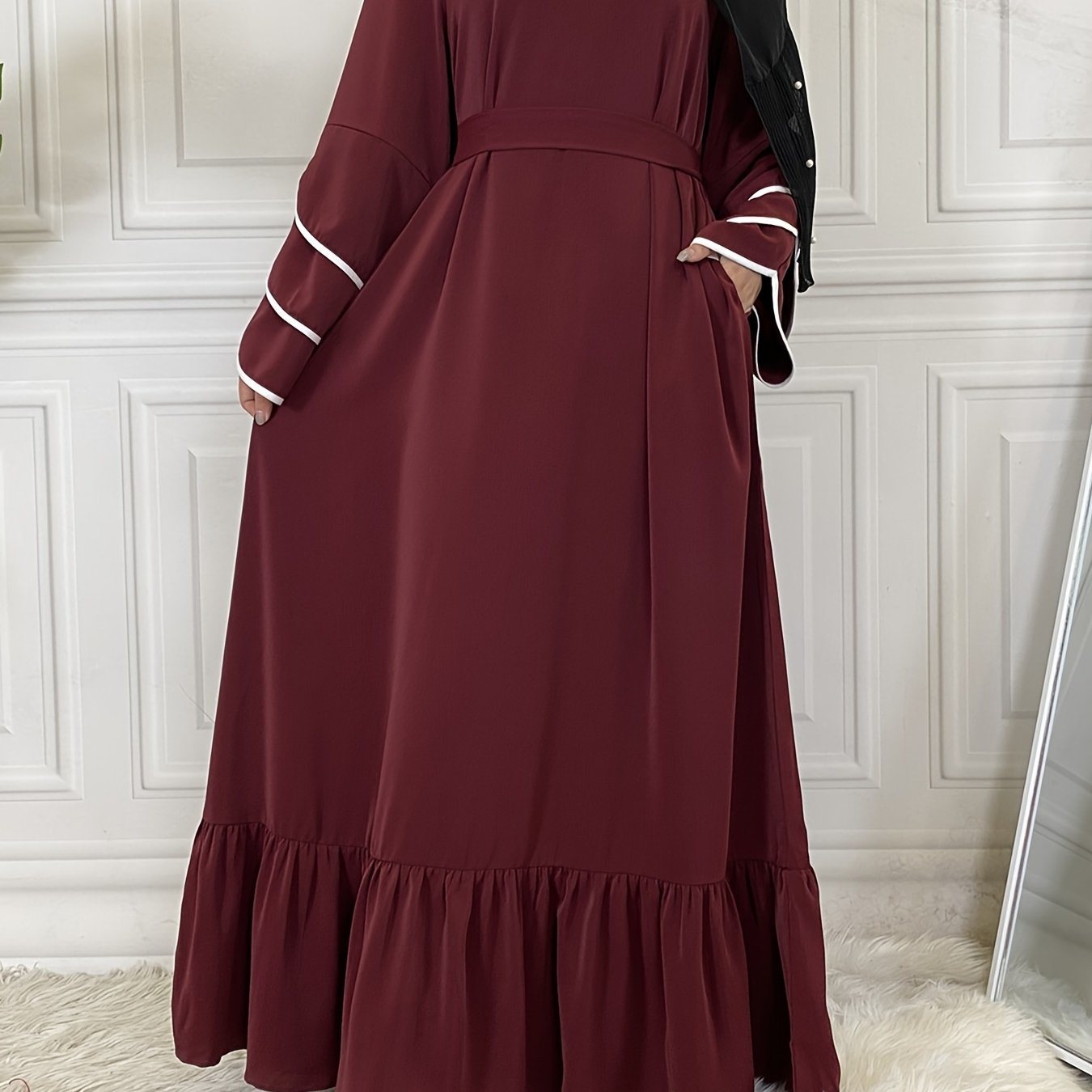 Solid Muslim Petal Sleeve Crew Neck Loose Dress; Elegant Tie Waist Ruffled Hem Dress; Women's Clothing