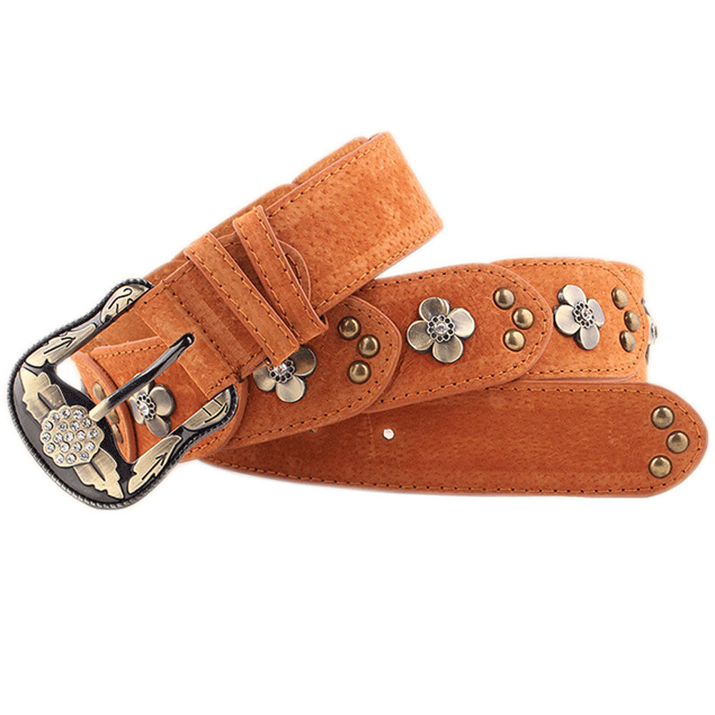 Retro Faux Leather Rivets Florals Belts for Women; Brown