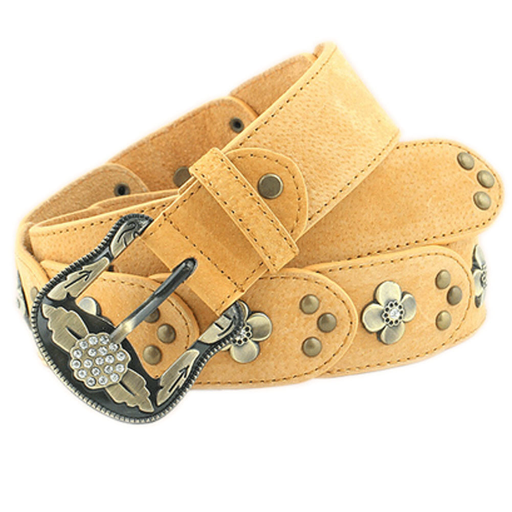 Retro Faux Leather Rivets Florals Belts for Women; Light Yellow