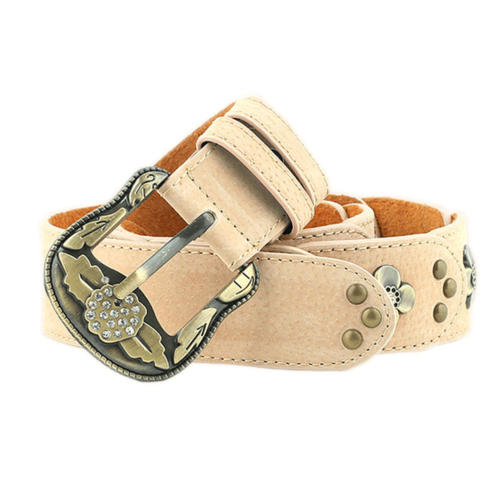 Retro Faux Leather Rivets Florals Belts for Women; Pink White