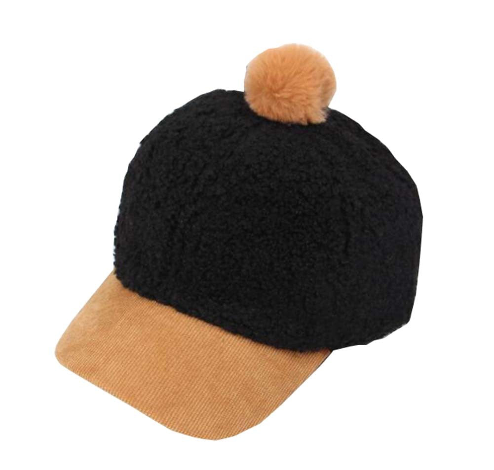 Kids Winter Lamb Cashmere Baseball Cap Toddler Pom Pom Hat; Black