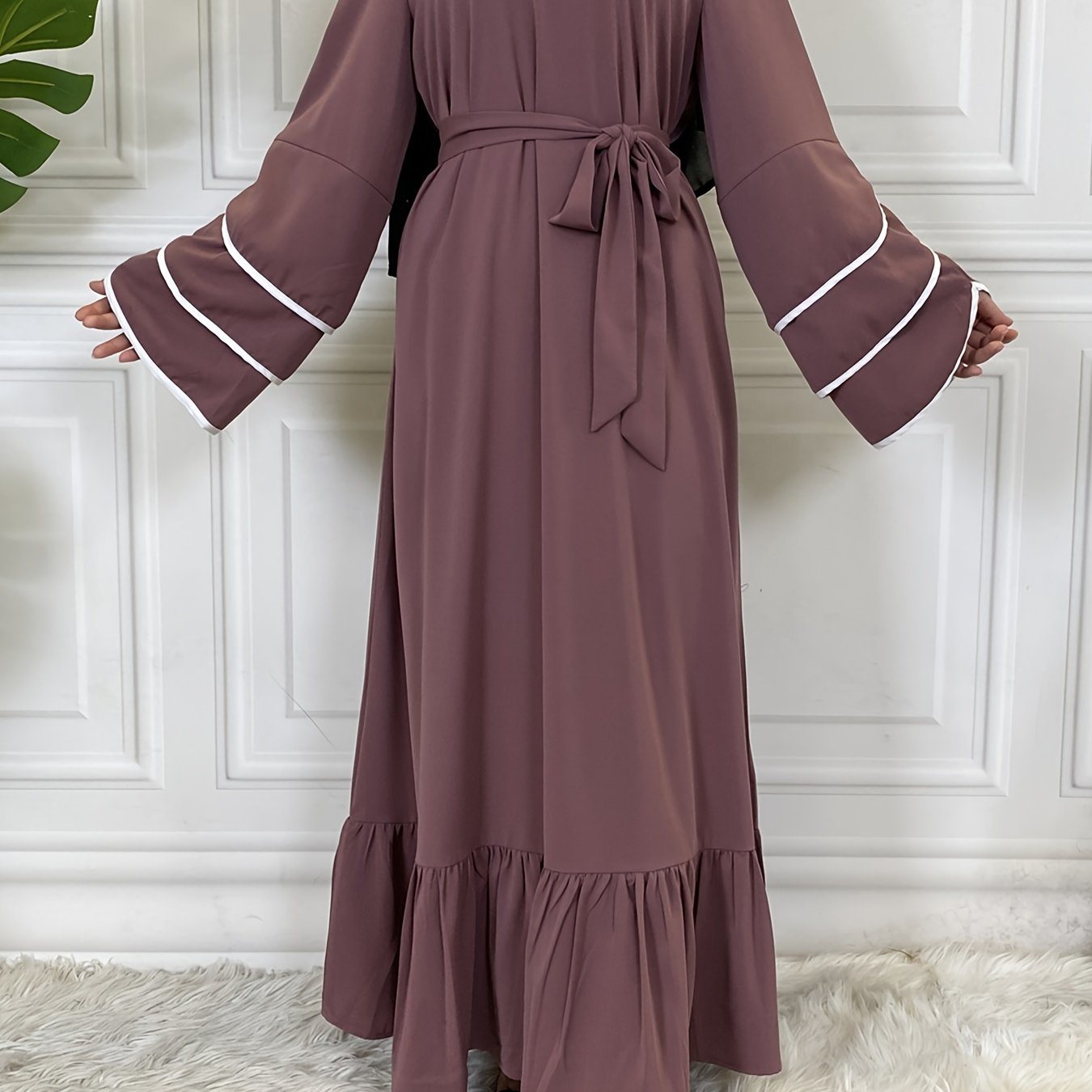 Solid Muslim Petal Sleeve Crew Neck Loose Dress; Elegant Tie Waist Ruffled Hem Dress; Women's Clothing