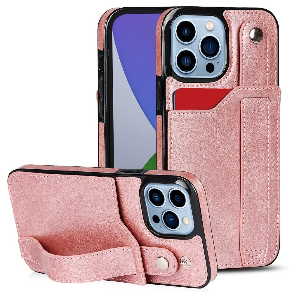 Rose Gold Wallet Wristband Leather Phone Case For; iPhone14 Series; iPhone13 Series ; iPhone12 Series; ; iPhone11 Series ; iPhoneX Series ; iPhone8 Series; 7 Series