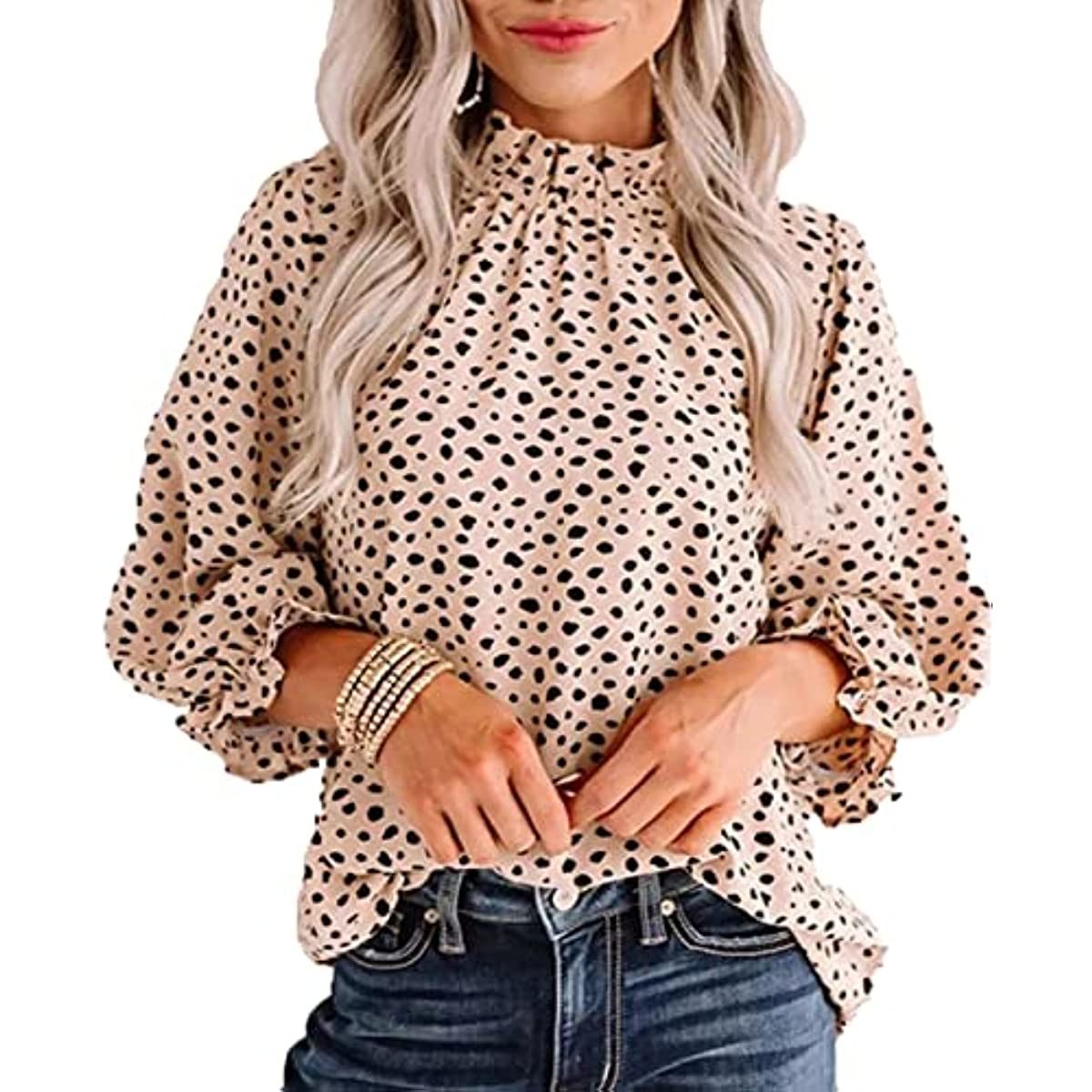 Women's Leopard Printed Ruffle Hem Long Sleeve Mock Neck Blouses Top