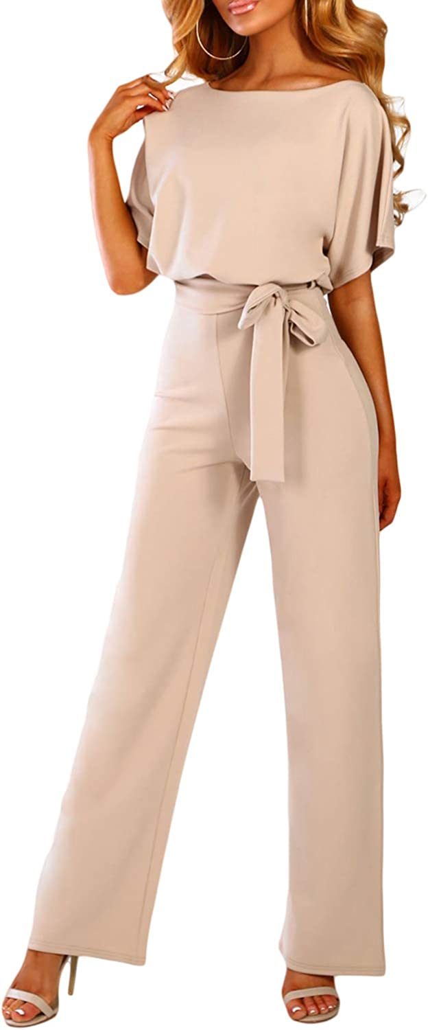 Women Casual Loose Short Sleeve Belted Wide Leg Pant Romper Jumpsuits