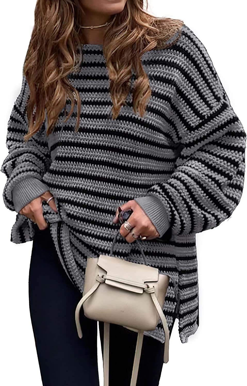 2023 Fall Winter Women's Oversized Long Sleeve Striped Sweater Casual Crewneck Side Split Pullover Knit Tops