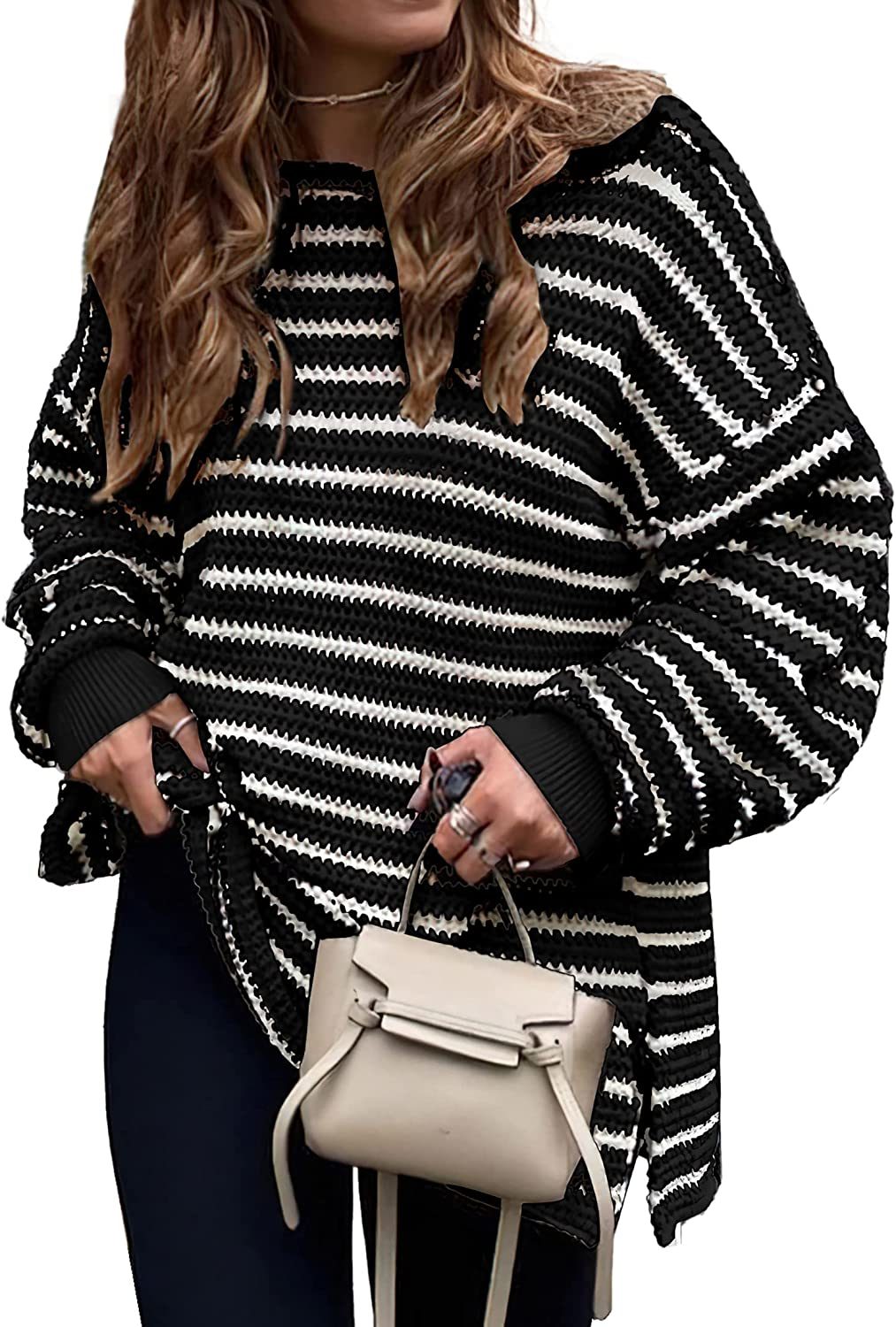 2023 Fall Winter Women's Oversized Long Sleeve Striped Sweater Casual Crewneck Side Split Pullover Knit Tops