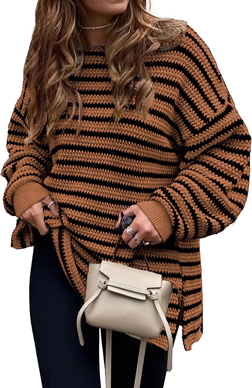 2023 Fall Winter Women's Oversized Long Sleeve Striped Sweater Casual Crewneck Side Split Pullover Knit Tops