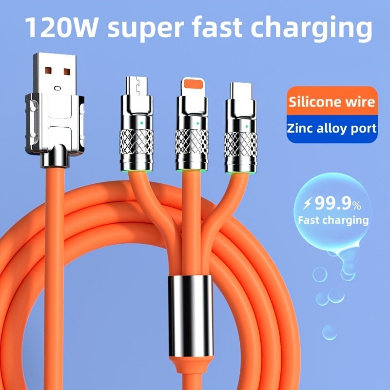 3.3ft 120W 3-In-1 Multi Fast Charging Nylon Braided Cable; USB Charger Cord With 3 Different Ports (Type C/Micro/Lightning)