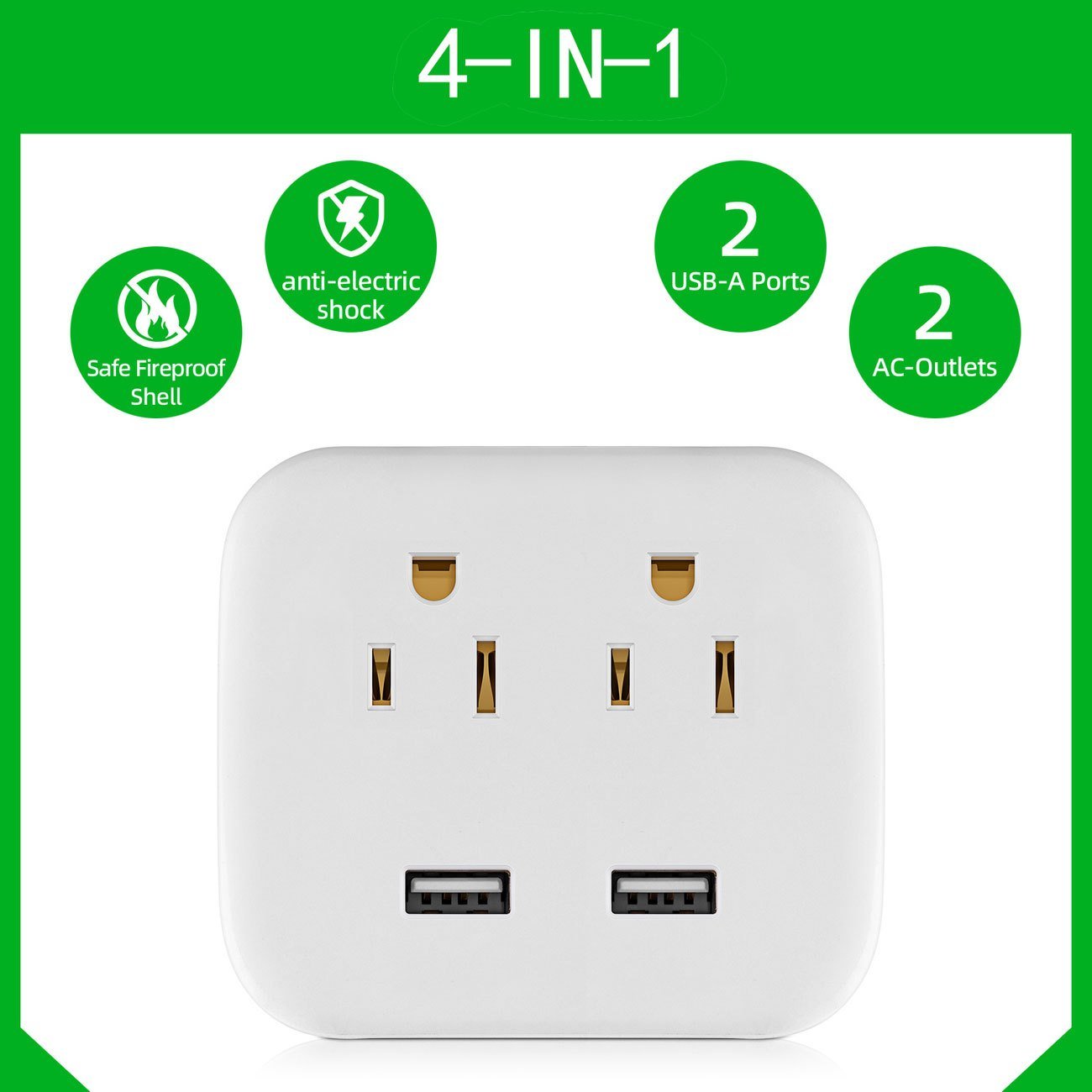 1pc USB Wall Charger; Total 10A; No Surge Protector; Multi Plug Outlet; 2 Outlet Extender With 2 USB Charging Ports; For Home/School/Office/Travel