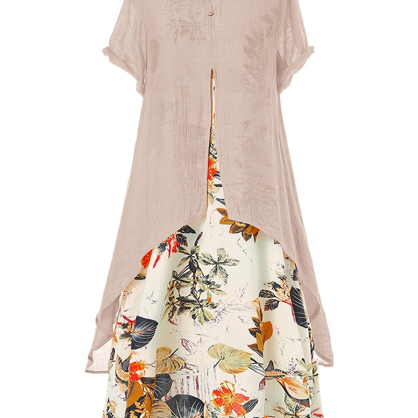 Casual Asymmetrical Floral Print Dress; Crew Neck Short Sleeve Dress; Casual Every Day Dress; Women's Clothing