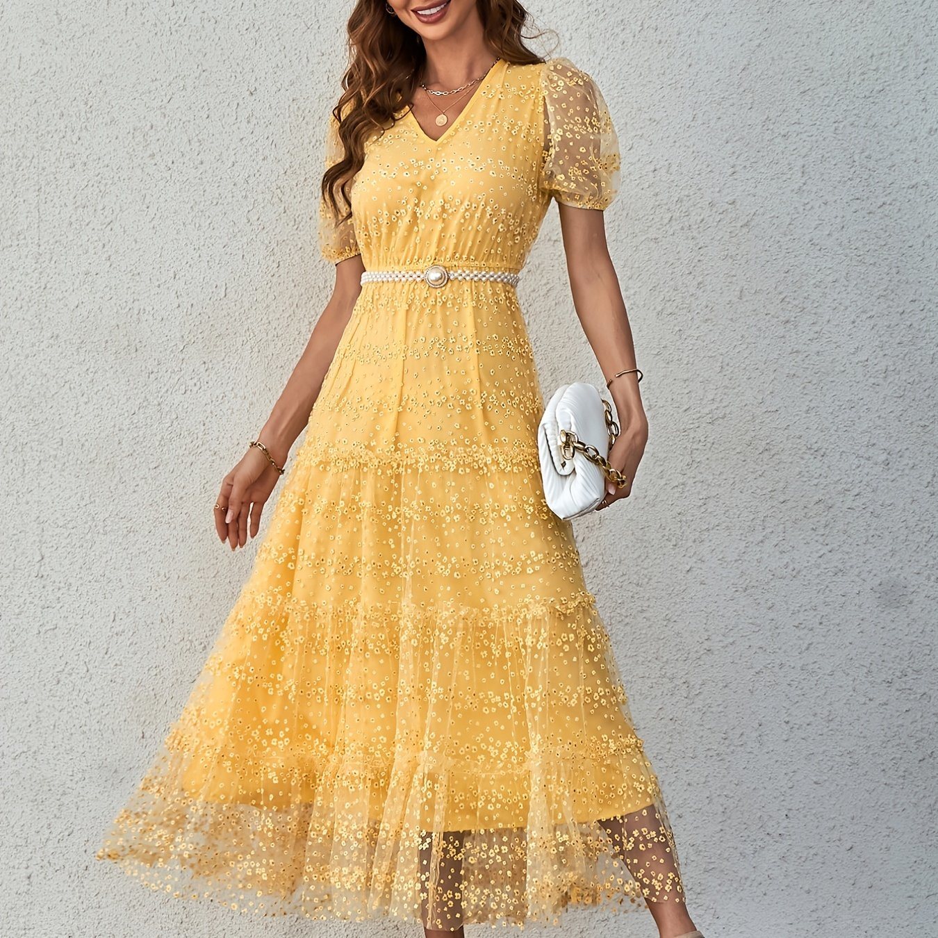 Lace Bright Yellow V Neck Elegant Dresses; Ruffle Hem Short Sleeve Maxi Dresses; Women's Clothing